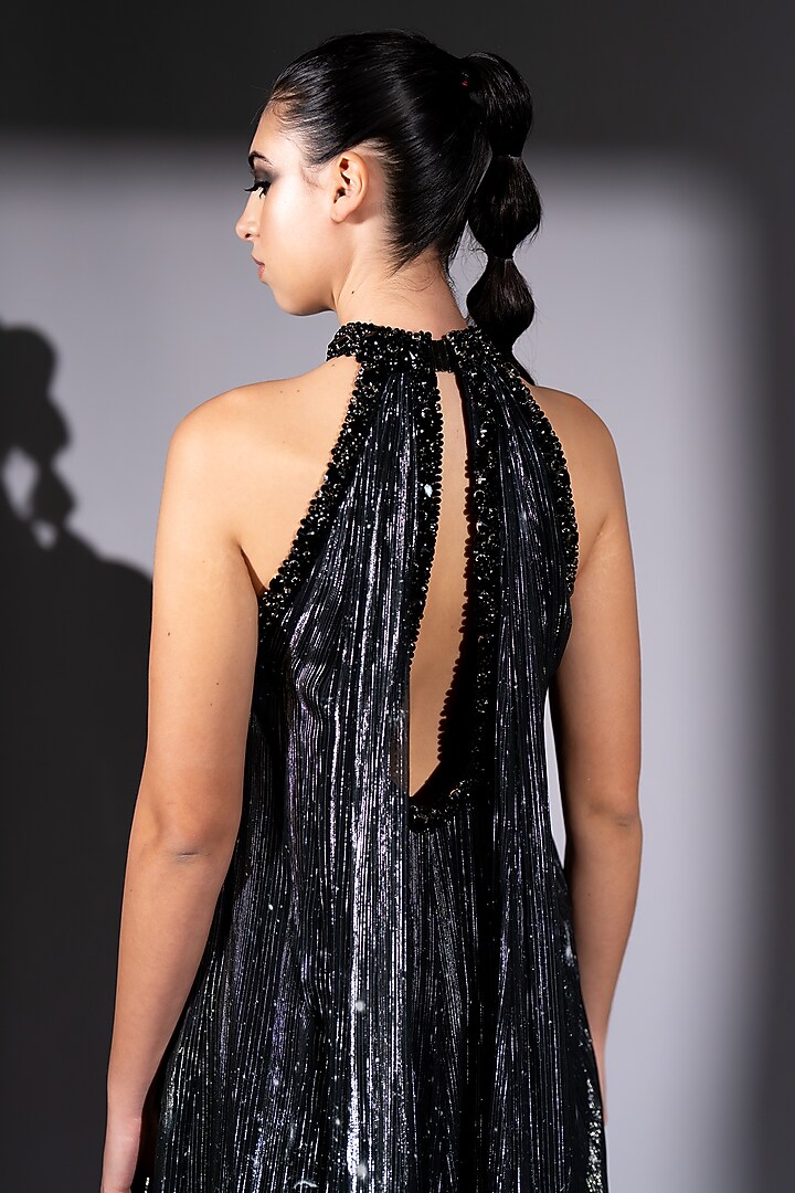 Black Lurex Georgette Galaxy Printed Halter Maxi Party Wear Dress by Nikita Mhaisalkar at Pernia's Pop Up Shop