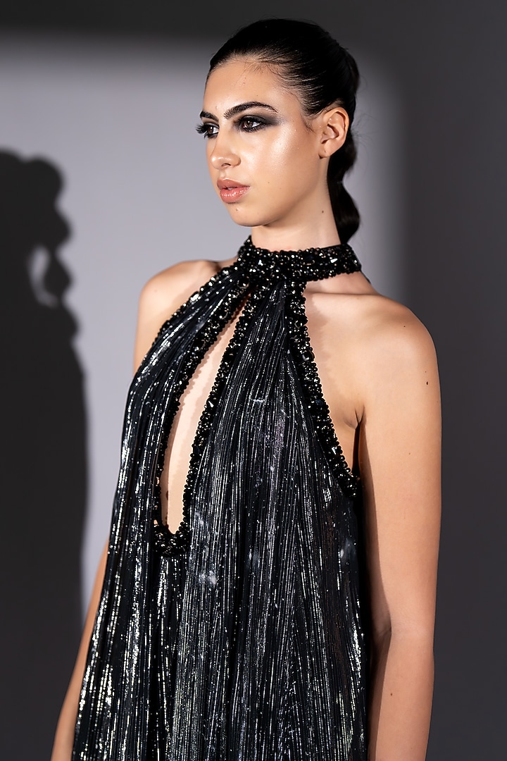 Black Lurex Georgette Galaxy Printed Halter Maxi Party Wear Dress by Nikita Mhaisalkar at Pernia's Pop Up Shop