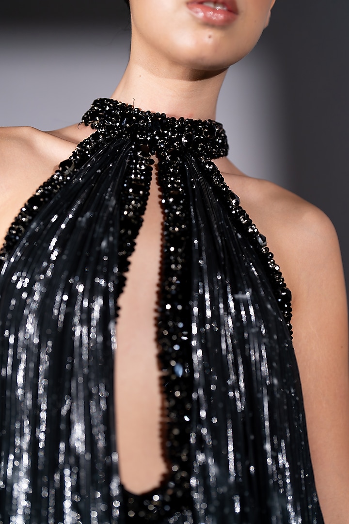 Black Lurex Georgette Galaxy Printed Halter Maxi Party Wear Dress by Nikita Mhaisalkar at Pernia's Pop Up Shop