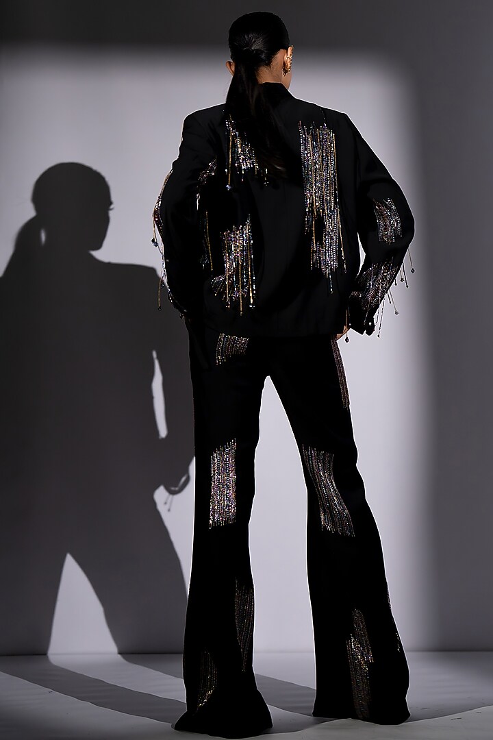 Black Luxe Suiting Holographic Embroidered Jacket Set by Nikita Mhaisalkar at Pernia's Pop Up Shop