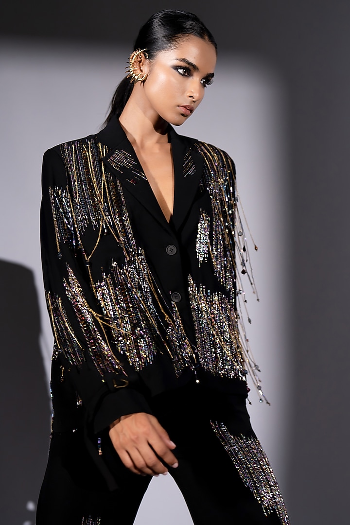 Black Luxe Suiting Holographic Embroidered Jacket Set by Nikita Mhaisalkar at Pernia's Pop Up Shop