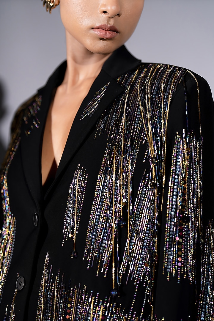 Black Luxe Suiting Holographic Embroidered Jacket Set by Nikita Mhaisalkar at Pernia's Pop Up Shop