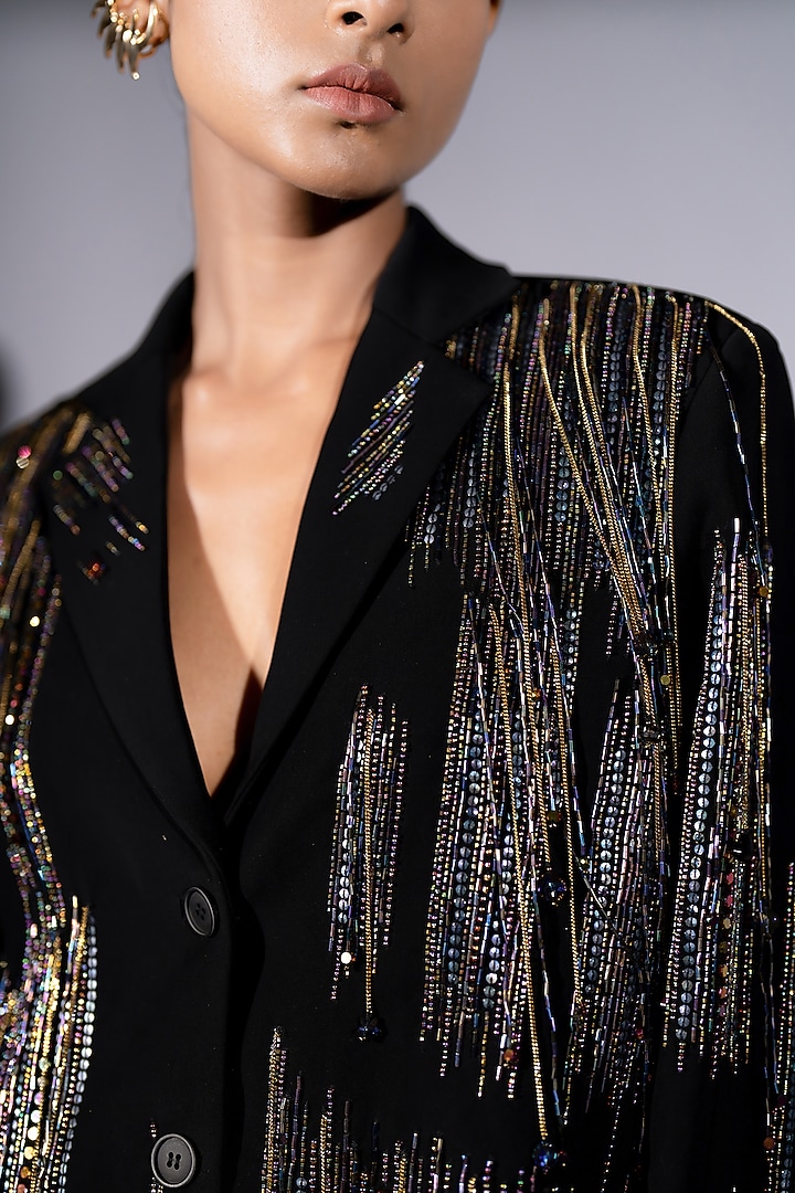 Black Luxe Suiting Holographic Embroidered Jacket Set by Nikita Mhaisalkar at Pernia's Pop Up Shop