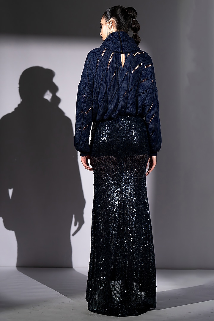 Navy Blue Cotton Knit Jumper With Scarf by Nikita Mhaisalkar at Pernia's Pop Up Shop
