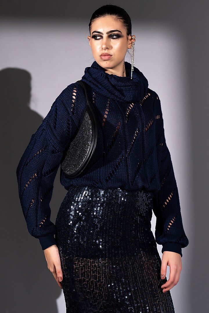 Navy Blue Cotton Knit Jumper With Scarf by Nikita Mhaisalkar at Pernia's Pop Up Shop