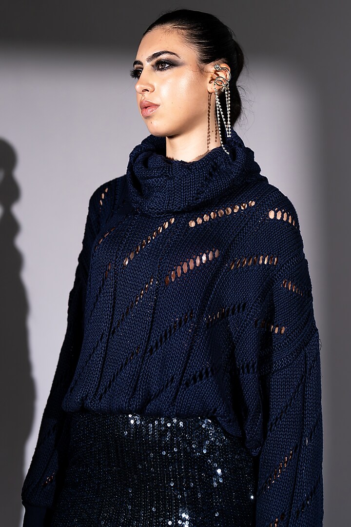 Navy Blue Cotton Knit Jumper With Scarf by Nikita Mhaisalkar at Pernia's Pop Up Shop