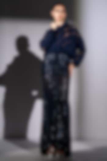 Navy Blue Sequins Georgette Maxi Skirt by Nikita Mhaisalkar at Pernia's Pop Up Shop