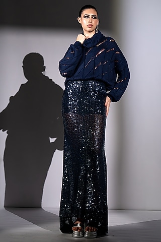Navy Blue Sequins Georgette Maxi Skirt by Nikita Mhaisalkar