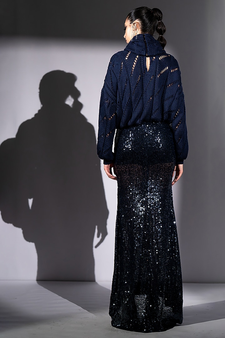 Navy Blue Sequins Georgette Maxi Skirt by Nikita Mhaisalkar at Pernia's Pop Up Shop