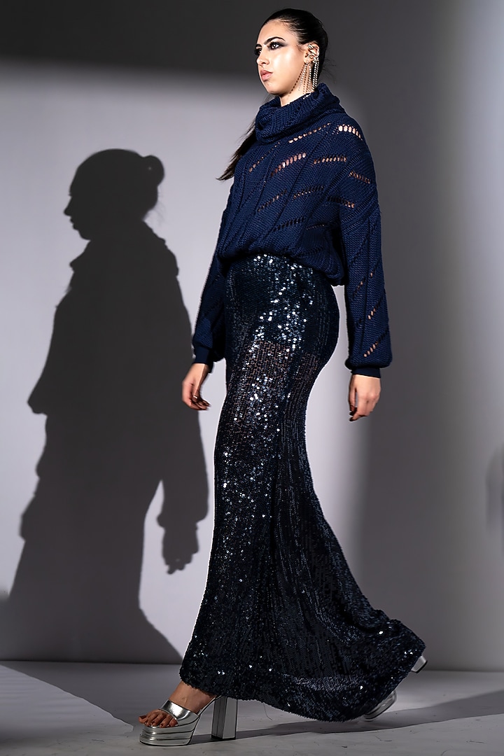 Navy Blue Sequins Georgette Maxi Skirt by Nikita Mhaisalkar at Pernia's Pop Up Shop