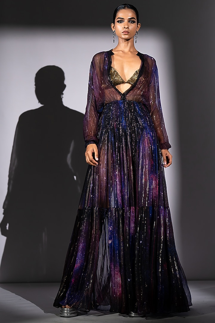 Purple Lurex Chiffon Galaxy Printed Maxi Party Wear Dress by Nikita Mhaisalkar at Pernia's Pop Up Shop
