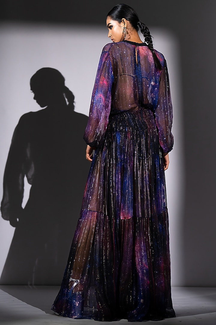 Purple Lurex Chiffon Galaxy Printed Maxi Party Wear Dress by Nikita Mhaisalkar at Pernia's Pop Up Shop