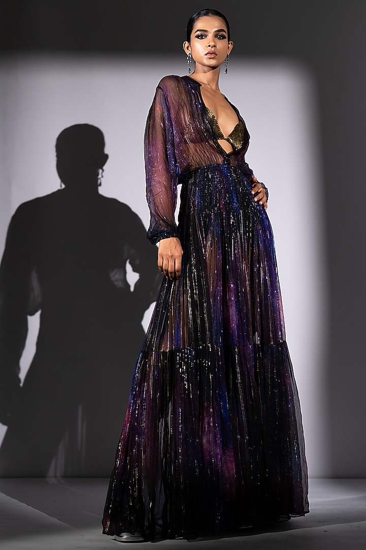 Purple Lurex Chiffon Galaxy Printed Maxi Party Wear Dress by Nikita Mhaisalkar at Pernia's Pop Up Shop