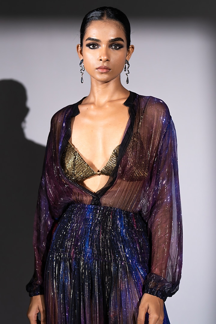 Purple Lurex Chiffon Galaxy Printed Maxi Party Wear Dress by Nikita Mhaisalkar at Pernia's Pop Up Shop