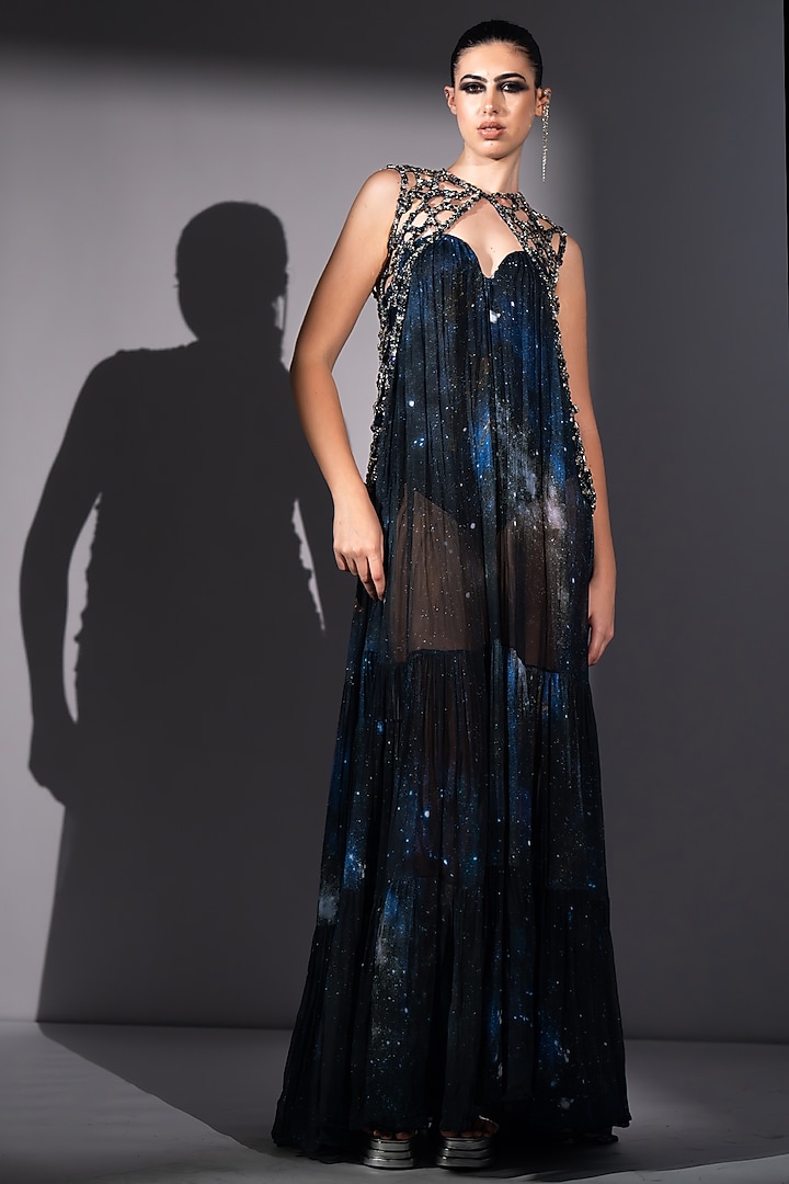 Blue Lurex Galaxy Printed Tube Maxi Party Wear Dress by Nikita Mhaisalkar at Pernia's Pop Up Shop