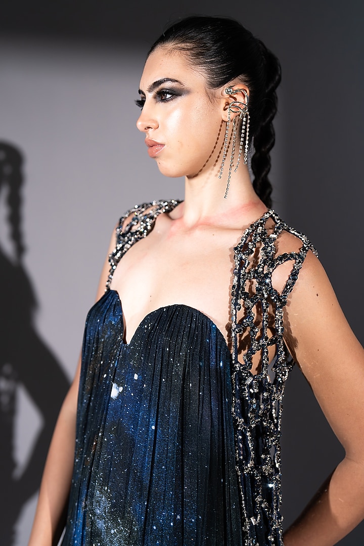 Blue Lurex Galaxy Printed Tube Maxi Party Wear Dress by Nikita Mhaisalkar at Pernia's Pop Up Shop