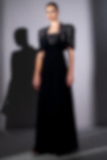 Navy Blue Luxe Suiting Meteor Embroidered Jumpsuit With Cape by Nikita Mhaisalkar at Pernia's Pop Up Shop