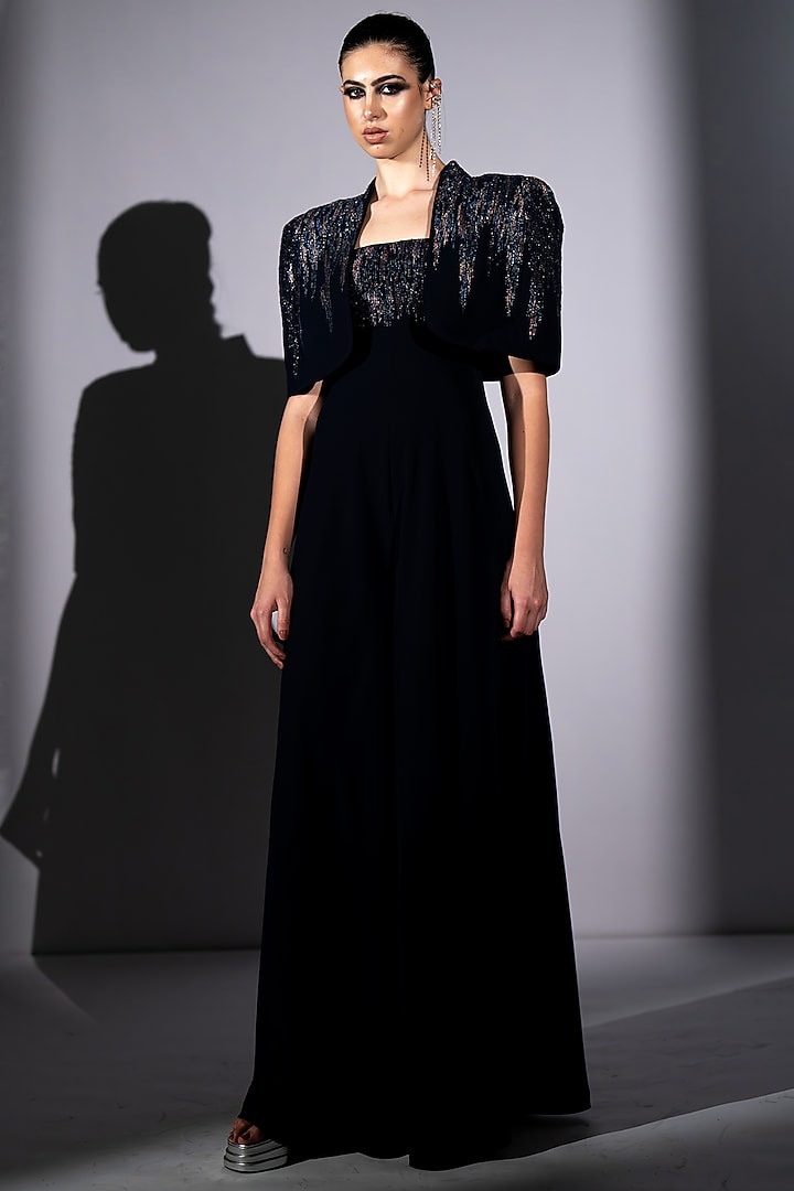 Navy Blue Luxe Suiting Meteor Embroidered Jumpsuit With Cape by Nikita Mhaisalkar at Pernia's Pop Up Shop