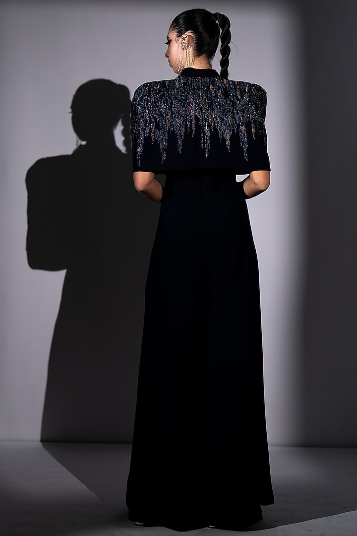 Navy Blue Luxe Suiting Meteor Embroidered Jumpsuit With Cape by Nikita Mhaisalkar at Pernia's Pop Up Shop