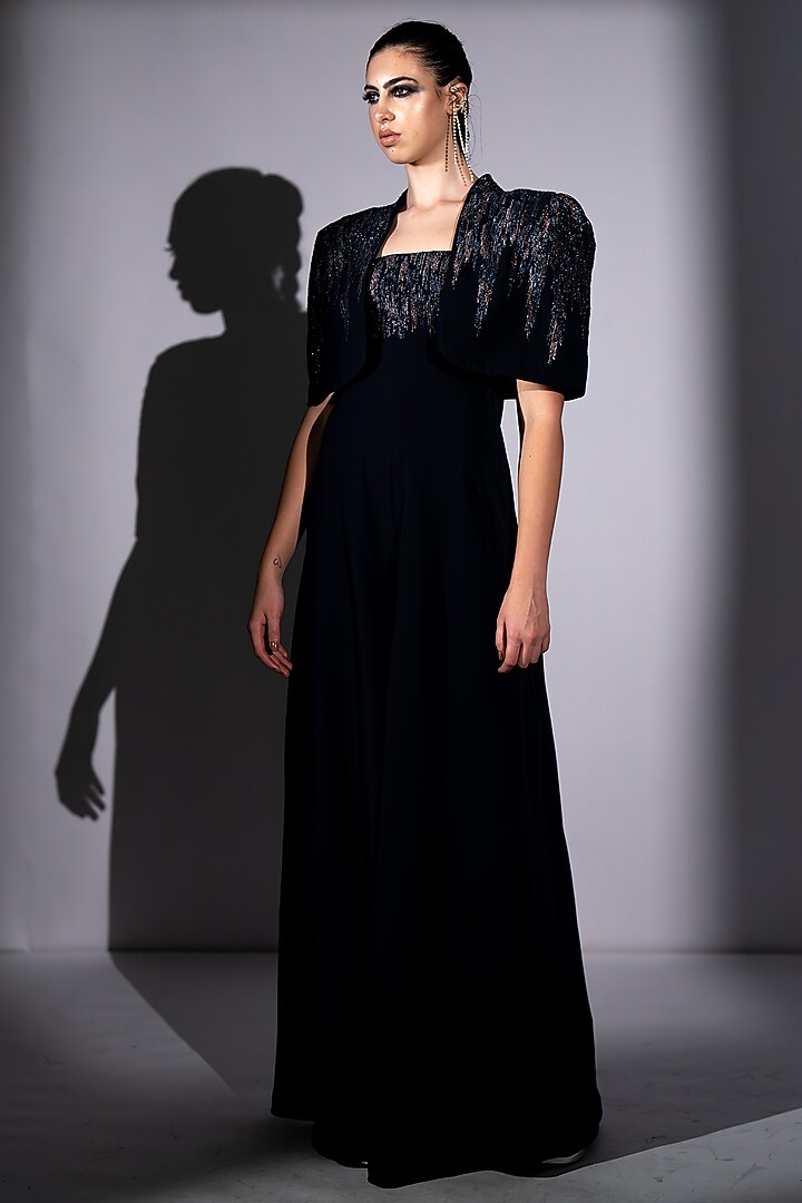 Navy Blue Luxe Suiting Meteor Embroidered Jumpsuit With Cape by Nikita Mhaisalkar at Pernia's Pop Up Shop