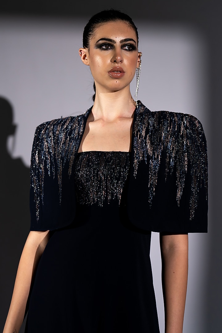 Navy Blue Luxe Suiting Meteor Embroidered Jumpsuit With Cape by Nikita Mhaisalkar at Pernia's Pop Up Shop