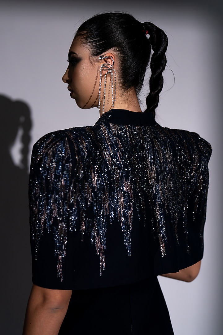 Navy Blue Luxe Suiting Meteor Embroidered Jumpsuit With Cape by Nikita Mhaisalkar at Pernia's Pop Up Shop