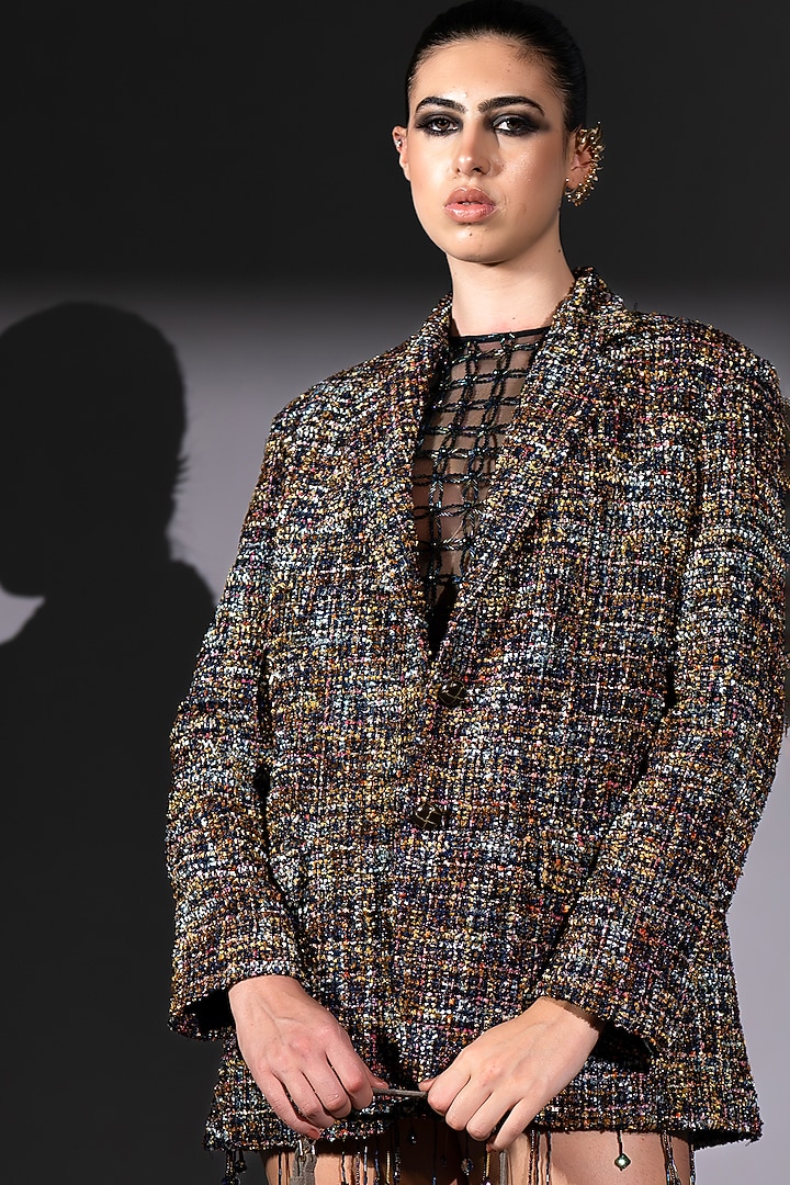 Multi-Colored Tweed Trench Coat by Nikita Mhaisalkar at Pernia's Pop Up Shop
