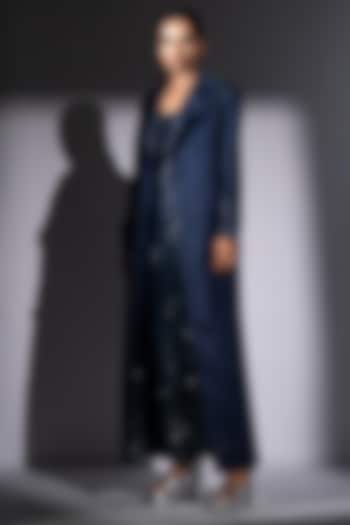 Ash Blue Faux Suede Embroidered Trench Coat by Nikita Mhaisalkar at Pernia's Pop Up Shop