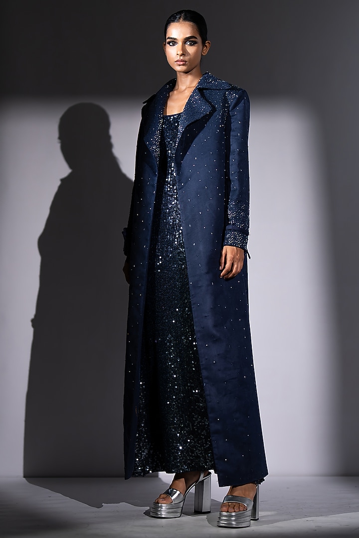 Ash Blue Faux Suede Embroidered Trench Coat by Nikita Mhaisalkar at Pernia's Pop Up Shop