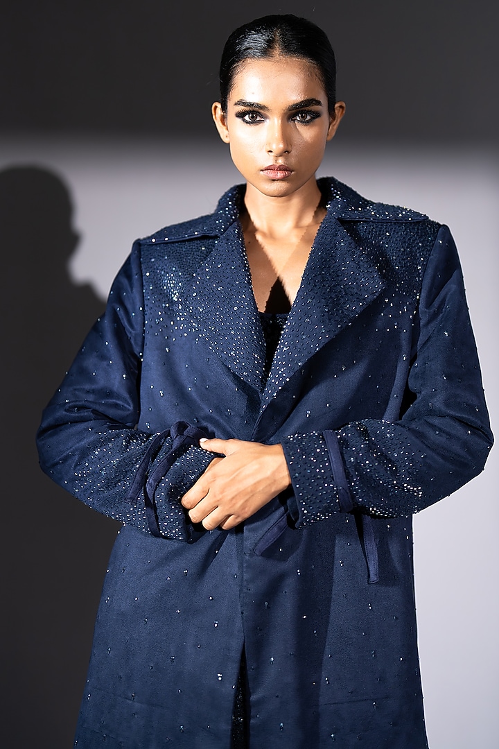 Ash Blue Faux Suede Embroidered Trench Coat by Nikita Mhaisalkar at Pernia's Pop Up Shop