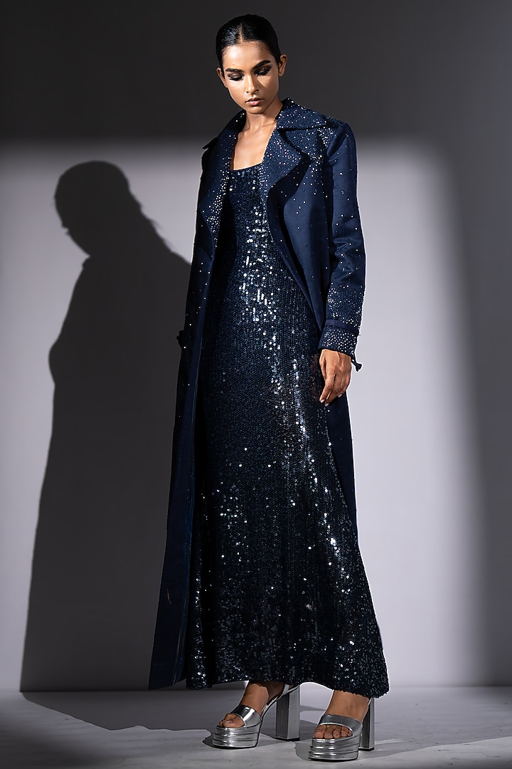 Navy Blue Sequins Georgette Sheeted Slip Party Wear Dress by Nikita Mhaisalkar at Pernia's Pop Up Shop