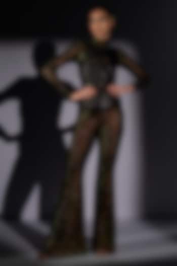 Black Lycra Tulle Swarovski Embroidered Bodysuit With Pant by Nikita Mhaisalkar at Pernia's Pop Up Shop