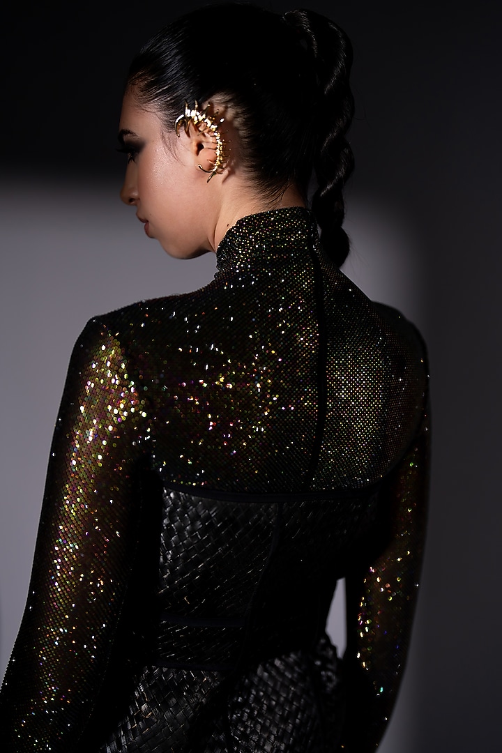 Black Lycra Tulle Swarovski Embroidered Bodysuit With Pant by Nikita Mhaisalkar at Pernia's Pop Up Shop