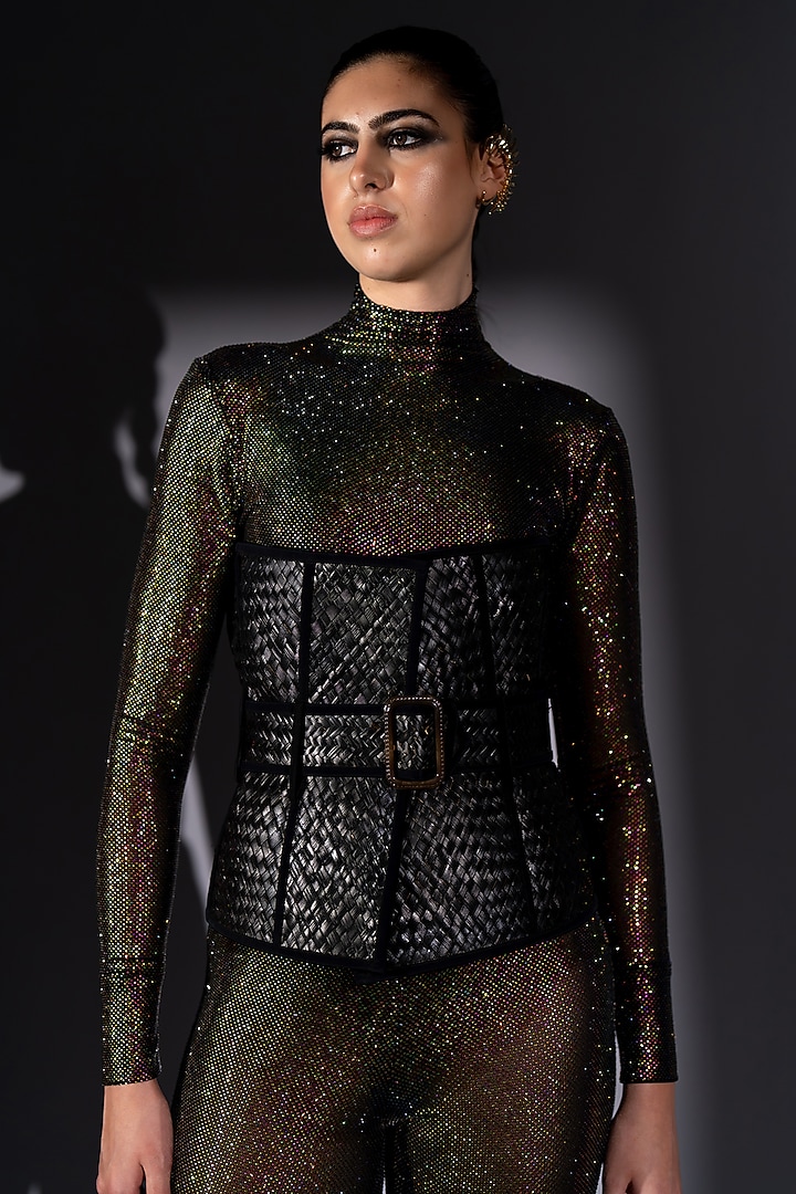 Black Lycra Tulle Swarovski Embroidered Bodysuit With Pant by Nikita Mhaisalkar at Pernia's Pop Up Shop