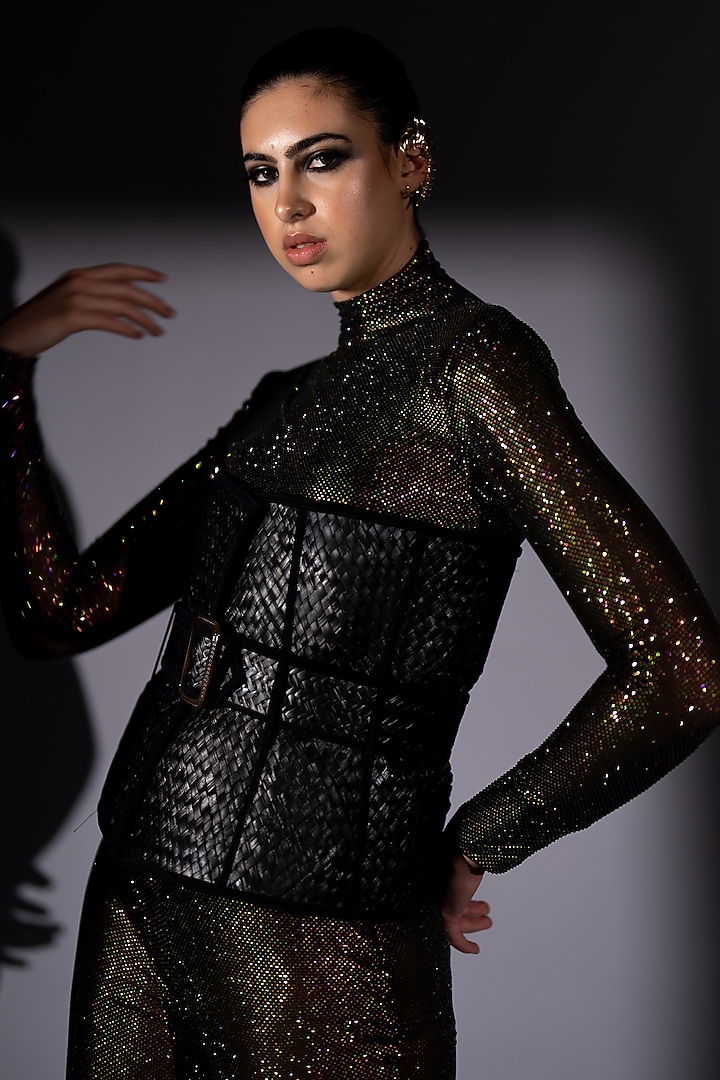 Black Lycra Tulle Swarovski Embroidered Bodysuit With Pant by Nikita Mhaisalkar at Pernia's Pop Up Shop