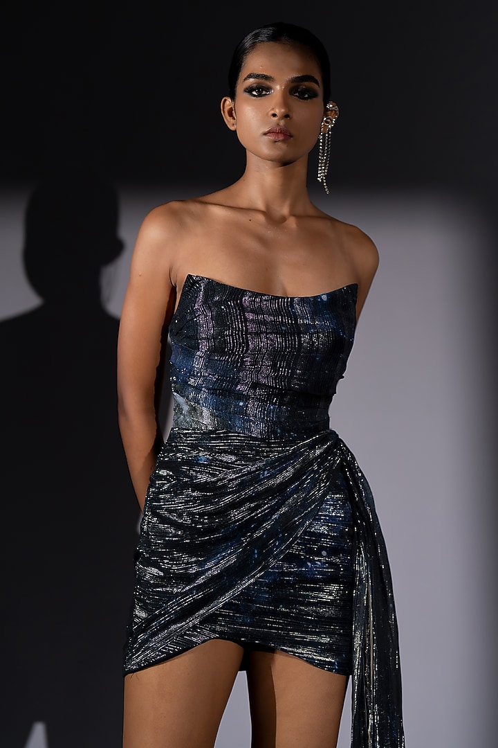 Blue Lurex Georgette Corset Draped Mini Party Wear Dress by Nikita Mhaisalkar at Pernia's Pop Up Shop