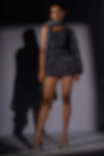 Navy Blue Knit Silver Zari Mini Skirt Set by Nikita Mhaisalkar at Pernia's Pop Up Shop