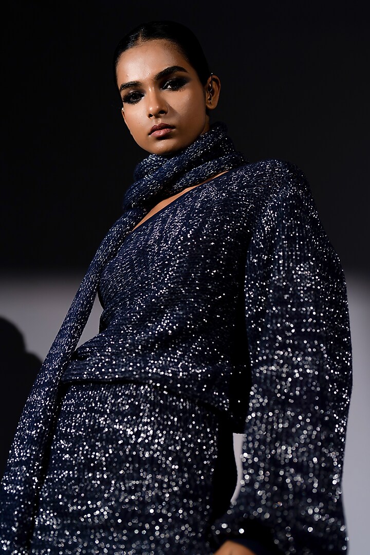 Navy Blue Knit Silver Zari Mini Skirt Set by Nikita Mhaisalkar at Pernia's Pop Up Shop