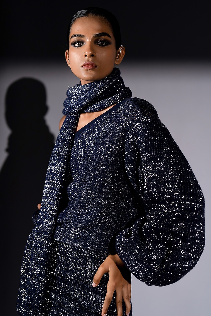 Navy Blue Knit Silver Zari Mini Skirt Set by Nikita Mhaisalkar at Pernia's Pop Up Shop