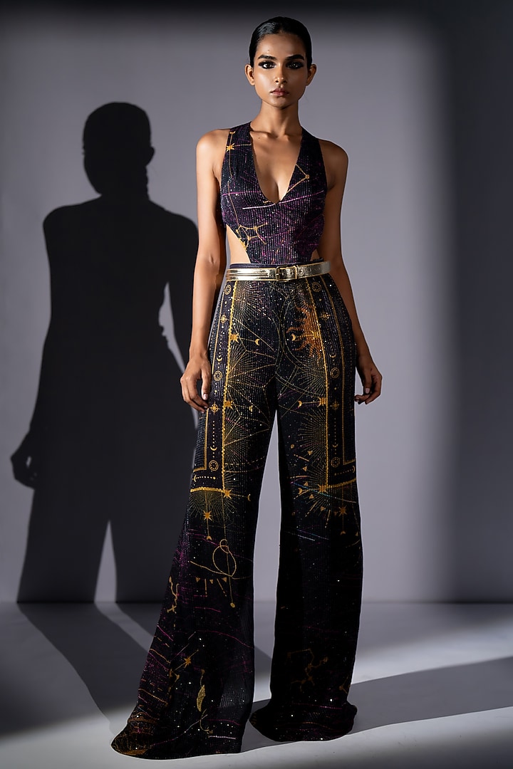 Purple Sequins Georgette Bodysuit With Pant by Nikita Mhaisalkar at Pernia's Pop Up Shop