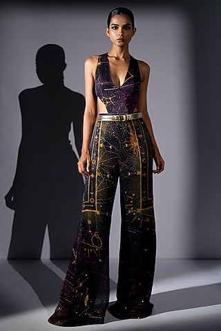 Purple Sequins Georgette Bodysuit With Pant by Nikita Mhaisalkar