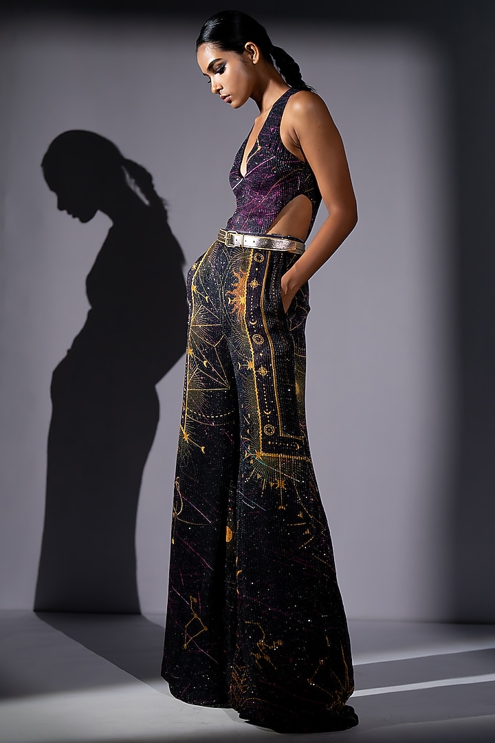 Purple Sequins Georgette Bodysuit With Pant by Nikita Mhaisalkar at Pernia's Pop Up Shop