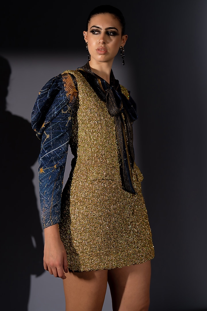 Golden Tweed Mini Pinafore Party Wear Dress With Blouse by Nikita Mhaisalkar at Pernia's Pop Up Shop