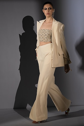 White Luxe Suiting Jacket Set by Nikita Mhaisalkar