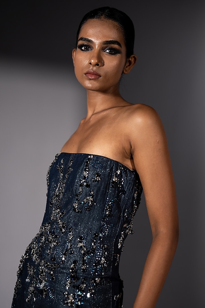 Blue Denim Embroidered Mini Tube Party Wear Dress by Nikita Mhaisalkar at Pernia's Pop Up Shop