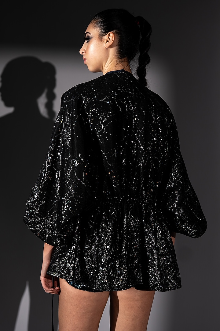 Black Tulle Holographic Space Embroidered Co-Ord Set by Nikita Mhaisalkar at Pernia's Pop Up Shop