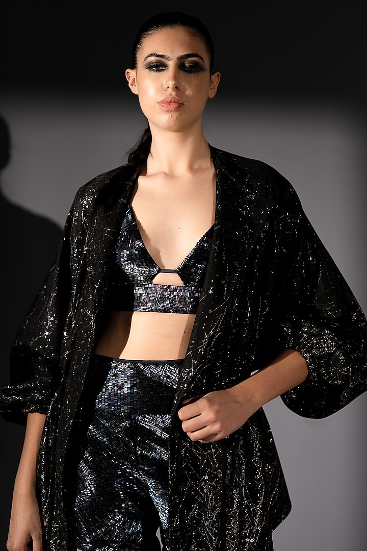 Black Tulle Holographic Space Embroidered Co-Ord Set by Nikita Mhaisalkar at Pernia's Pop Up Shop