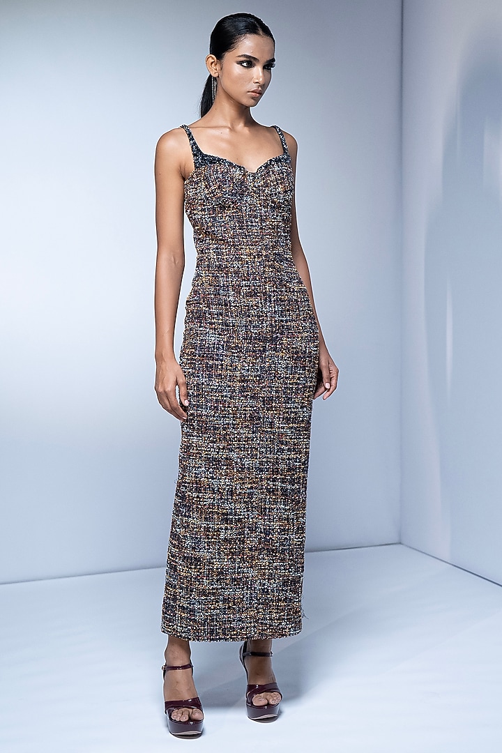 Multi-Colored Tweed Embroidered Bodycon Party Wear Dress by Nikita Mhaisalkar at Pernia's Pop Up Shop