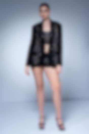 Black Luxe Suiing Holographic Embroidered Blazer Set by Nikita Mhaisalkar at Pernia's Pop Up Shop