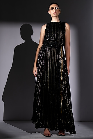 Black Lurex Georgette Knotted Maxi Dress by Nikita Mhaisalkar